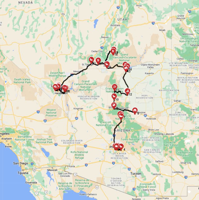 Motorhome trip route from Phoenix to Las Vegas  including Grand Canyon